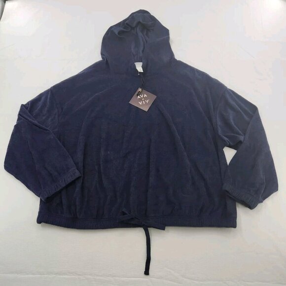 Ava & Viv Womens Size 1X Terry Cloth Navy Blue Hooded Shirt Sweatshirt - Picture 1 of 6